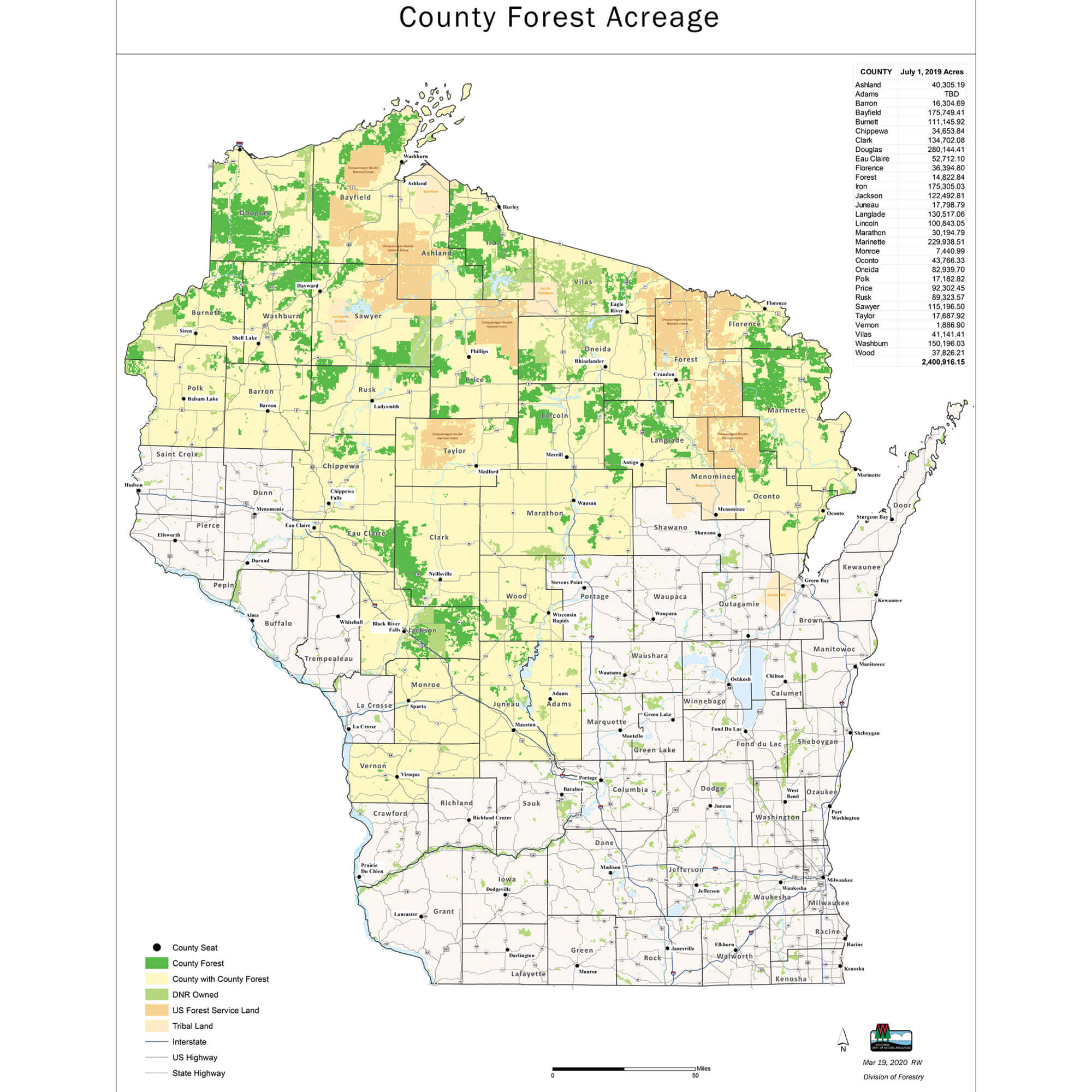 Wisconsin Managed Forest Land Map Forest Acres In Wi Counties |Wisconsin County Forest Assoc